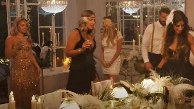 Bronx and Banco Midnight Gold Sequin Sweetheart Gown worn by Grace Cottrell as seen in Vanderpump Villa (S01E07)