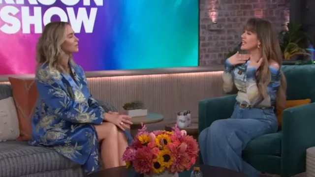 Etro Mixed-Media Floral Print Double-Breasted Blazer worn by Emily Blunt as seen in The Kelly Clarkson Show on May 8, 2024