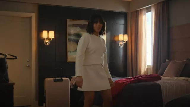 St. John Vegan Leather Side Stripe Tweed Mini Skirt worn by Kimberlyn Kendrick (Christina Elmore) as seen in The Girls on the Bus (S01E09)