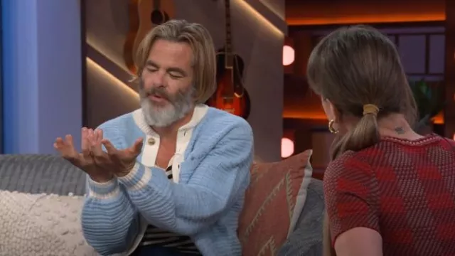 King & Tuckfield Pointelle Wool Cardigan worn by Chris Pine as seen in The Kelly Clarkson Show on  May 14, 2024