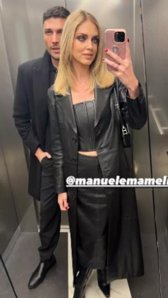 Marc Jacobs Leather Slim Pencil Midi Skirt worn by Chiara Ferragni on her Instagram Story on April 27, 2024