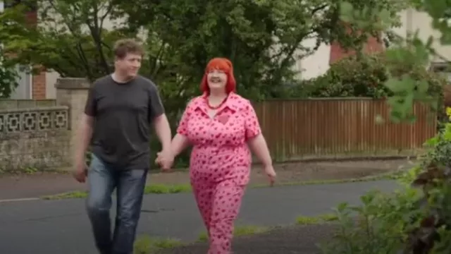 Lucy & Yak Cupid Ragan Pink Heart Jumpsuit worn by Katie as seen in Stacey Solomon's Renovation Rescue (S01E04)