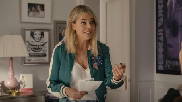 Maje Bacary Embroidered Stretch Satin Bomber Jacket worn by DJ (Kaitlin Olson) as seen in Hacks (S03E03)