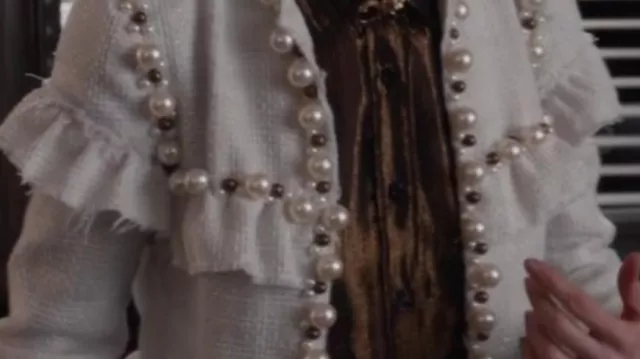 White Pearl Embellished Jacket worn by Elsbeth Tascioni (Carrie Preston) as seen in Elsbeth (Season 1 Episode 9)