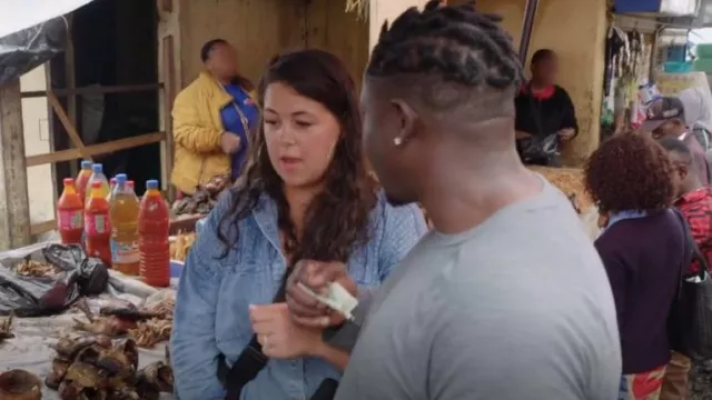 ShomPort Jean Jacket Frayed Washed Button up Denim Jacket with Pockets worn by Emily Bieberly as seen in 90 Day Fiancé: Happily Ever After? (S08E09)