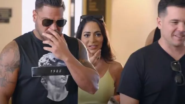 Prada PR 17WS 1AB5S0 Black Plastic Rectangle Sunglasses Grey Lens worn by Angelina Pivarnick as seen in Jersey Shore: Family Vacation (S07E15)