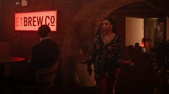 Asos Edition Flo­ral Se­quin Wrap Mi­ni Dress In Black worn by Eddie (Lydia West) as seen in Big Mood (S01E05)