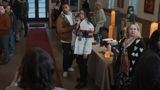 Anthropologie Maeve Halley Hearts Black & White Cardigan worn by Maggie (Nicola Coughlan) as seen in Big Mood (S01E05)