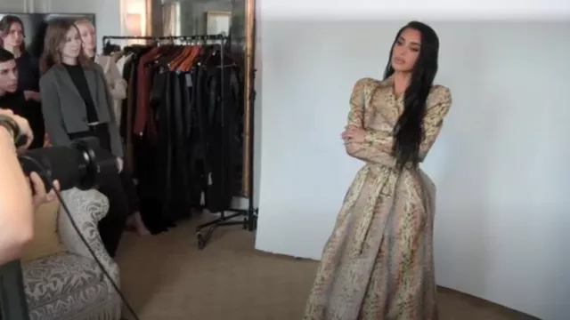 Balenciaga Tan Leopard Leather Trench Coat worn by Kim Kardashian as seen in The Kardashians (S05E01)