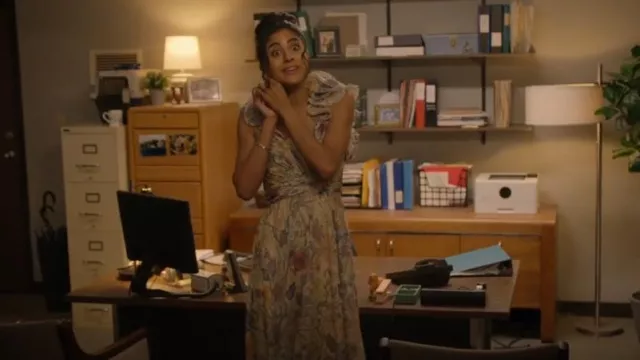 Mac Duggal Flutter-Sleeve V-Neck Maxi Dress worn by Emily Price (Vella Lovell) as seen in Animal Control (S02E08)