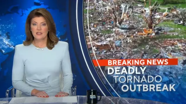 Giorgio Armani Draped Front-Slit Jersey Knit Dress worn by Norah O'Donnell as seen in CBS Evening News on May 22, 2024