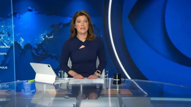Giorgio Armani Milano Jersey Knotted-Neck Bodycon Dress worn by Norah O'Donnell as seen in CBS Evening News on May 23, 2024