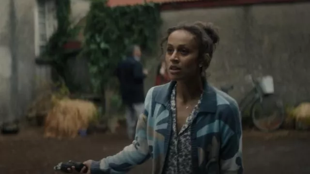 Hollister Cropped Floral Mushroom Button Down Cardigan worn by Emmy (Robyn Cara) as seen in Bodkin (S01E03)