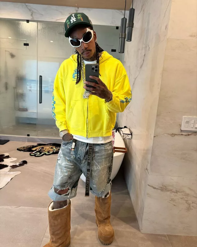 Balenciaga Blue Graffiti Print Denim Shorts worn by Wiz Khalifa on the Instagram account @wizkhalifa