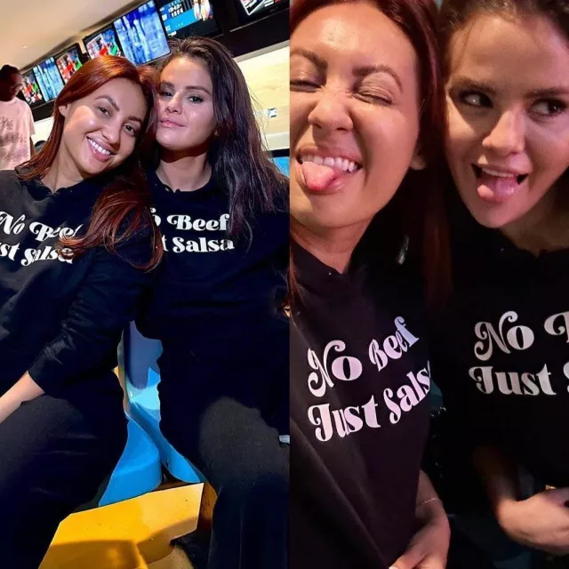 Outfits de Selena Gomez: No Beef Just Salsa Sudadera usada en una selfie en Instagram con Francia Raisa