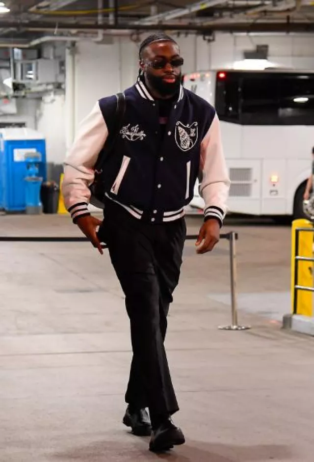 Louis Vuitton Navy & White LV Seashells Varsity Jacket worn by Jaylen Brown on the Instagram account @celtics
