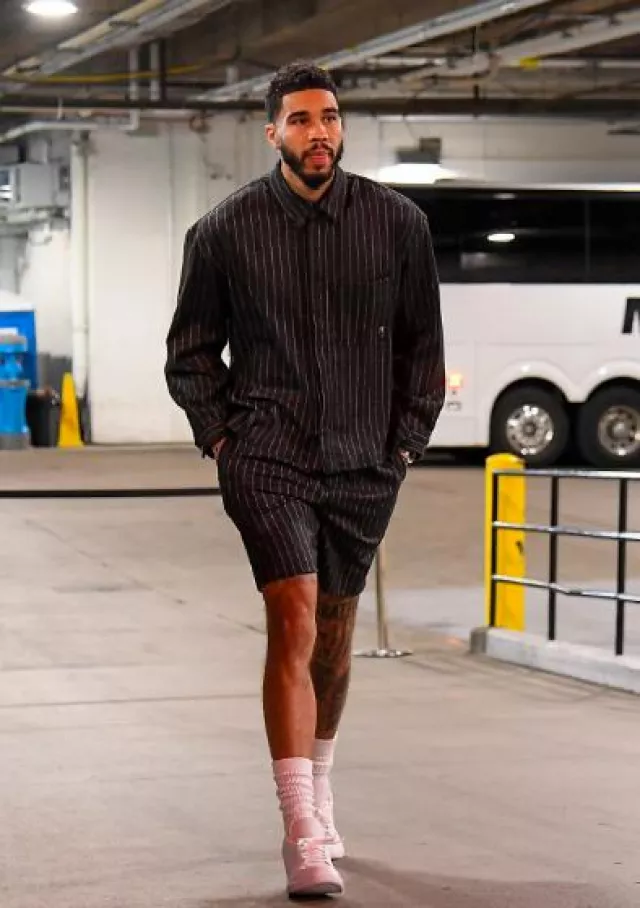 Represent Dark Grey Pinstriped Pleated Shorts worn by Jayson Tatum on the Instagram account @celtics