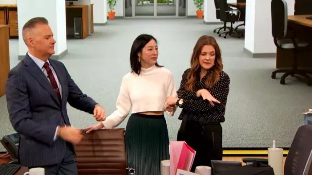 Saint Laurent Leather-trimmed Wool-blend Midi Skirt worn by Drew Barrymore as seen in The Drew Barrymore Show on May 28, 2024