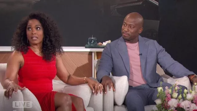 Herve Leger Vestido midi de chenilla texturizada S/L con flecos usado por Angela Bassett como se vio en The Talk el 29 de mayo de 2024