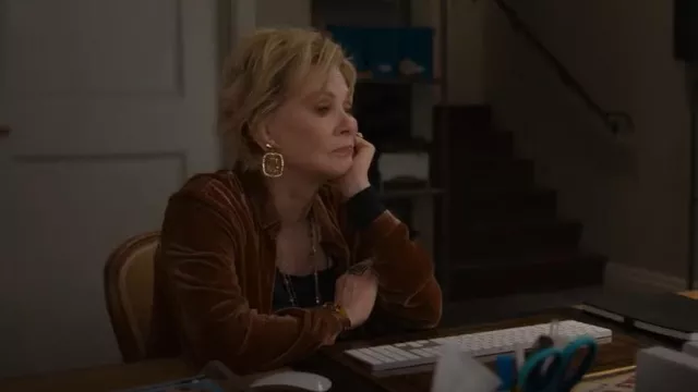 Dillards Tailored Flat Square Clip on Drop Earrings worn by Deborah Vance (Jean Smart) as seen in Hacks (S03E09)