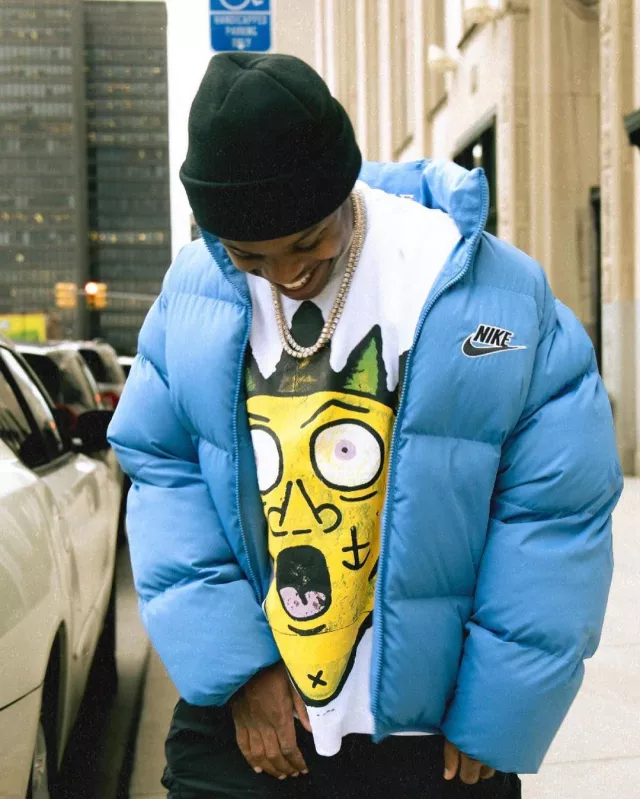 Supreme x Nike Blue Reversible Puffer Jacket (SS21) worn by 42 Dugg on the Instagram account @42_dugggg