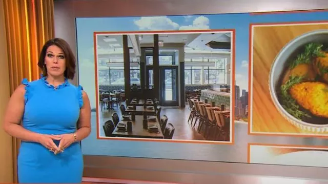 Maggy London Ruffle Mock Neck Sheath Dress usado por Dana Jacobson como se vio en CBS Mornings el 1 de junio de 2024