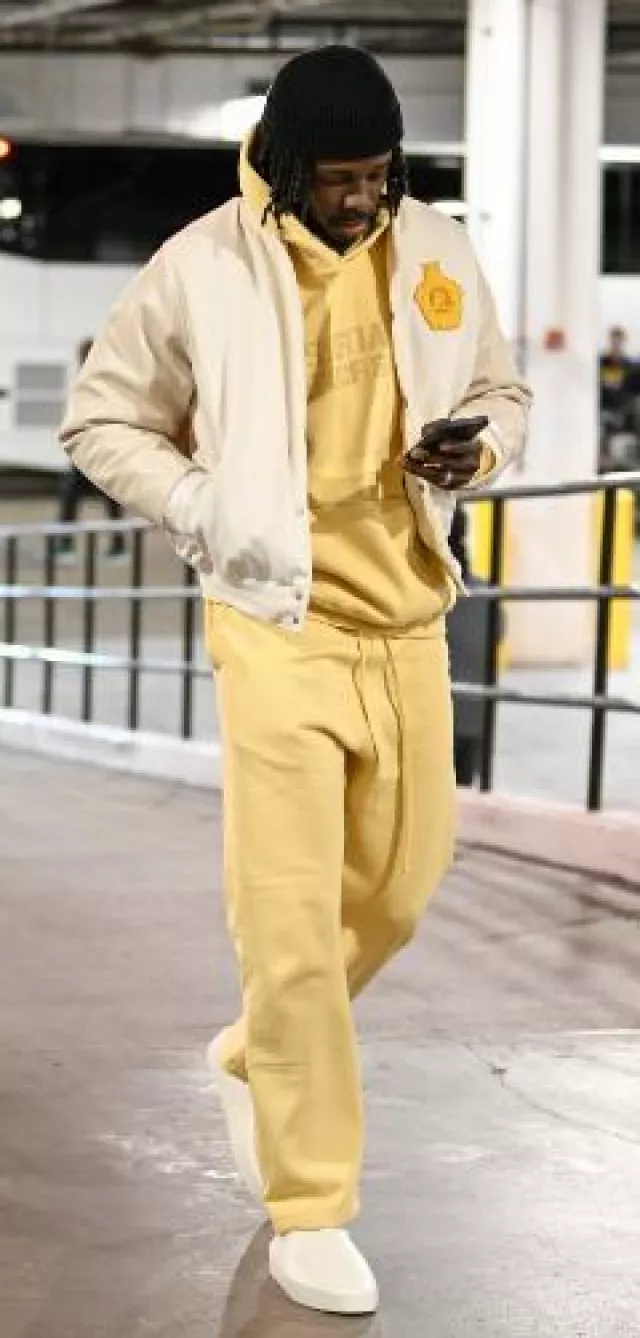 Rhude White & Yellow 'Battery Effect' Varsity Jacket worn by Jrue