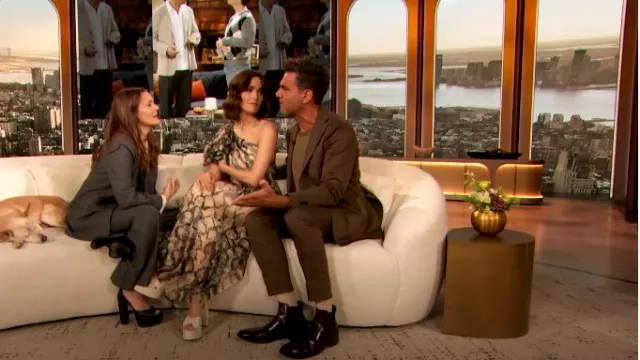 Saint Laurent Bianca Knotted Ankle-Strap Platform Sandals worn by Rose Byrne as seen in The Drew Barrymore Show on June 4, 2024