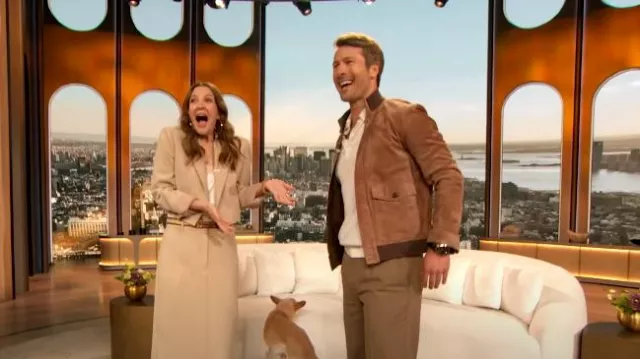 Tod's Suede Bomber Jacket worn by Glen Powell as seen in The Drew Barrymore Show on  June 4, 2024