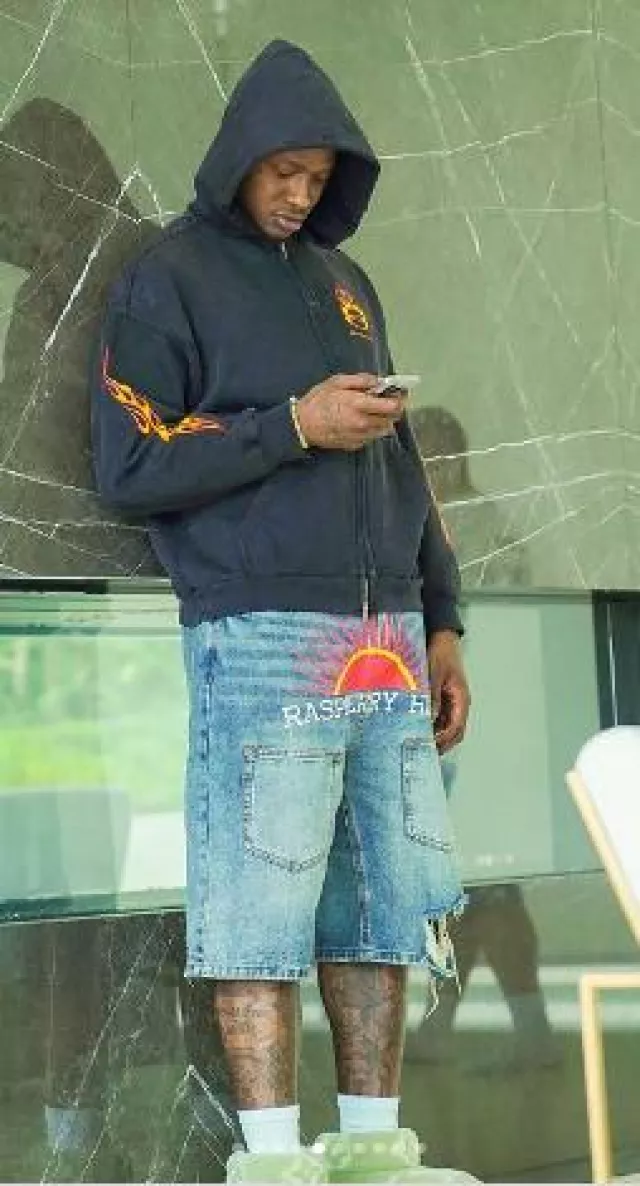 Raspberry Hills Blue Denim & Red Sun Shorts worn by Terry Rozier on the Instagram account @rozier