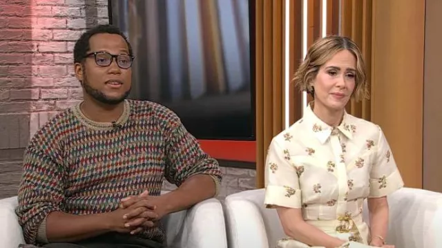 Adam Lippes Leighton Dress in Cream Floral worn by Sarah Paulson as seen in CBS Mornings on  June 7, 2024