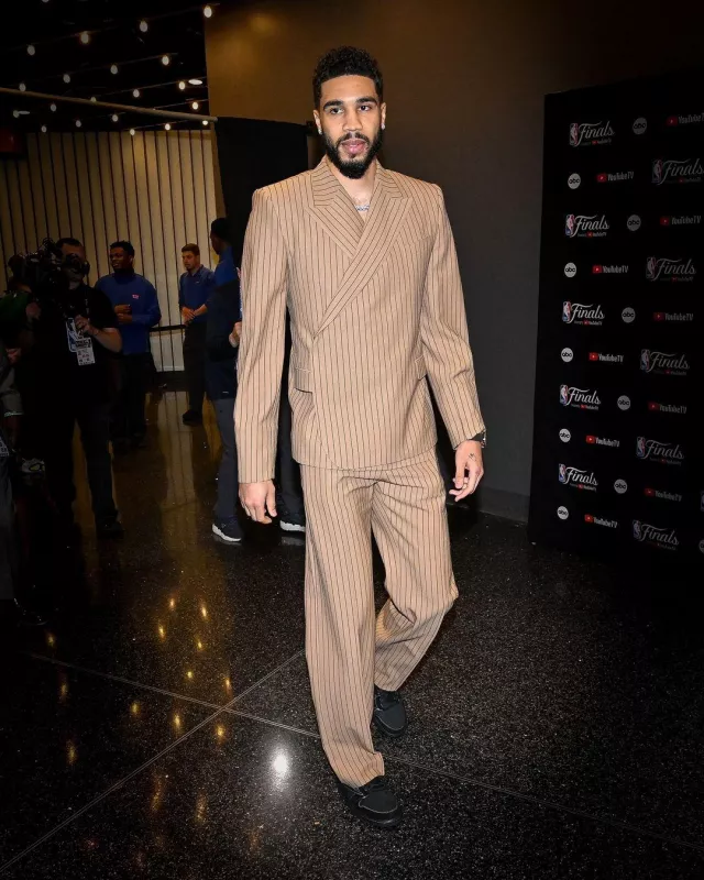Dolce & Gabbana Beige Pinstripe Wrap Suit Jacket worn by Jayson Tatum on the Instagram account @celtics