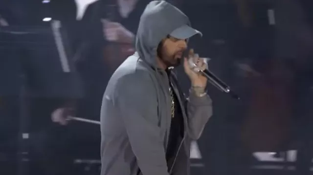 Eminem Outfits: he is wearing Grey Hoody Jacket for his Houdini live ...