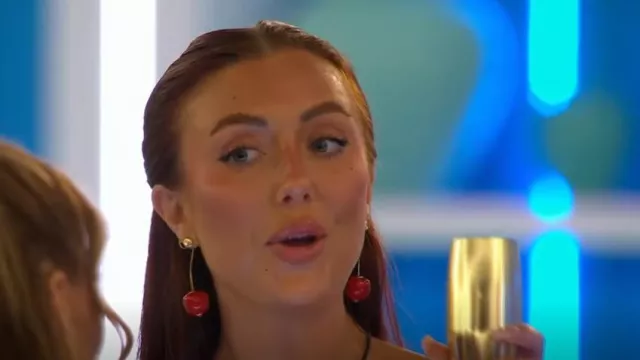 Asos Design Front and Back Drop Earrings with Cherry Design in Red worn by Patsy Field as seen in Love Island (S11E05)