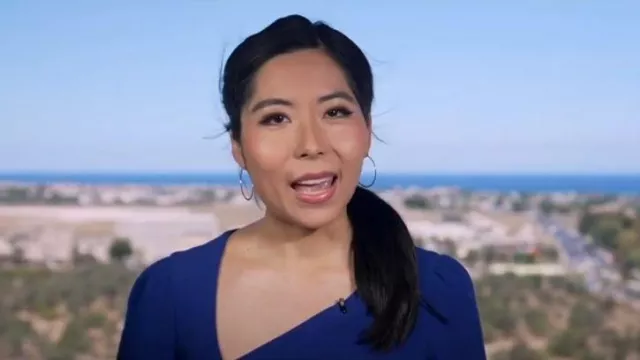 Dress the Population Ruth Asymmetric Neck Midi Dress worn by Selina Wang as  seen in Good Morning America on June 14, 2024 | Spotern