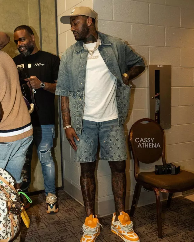 Louis Vuitton Blue Monogram Denim Workwear Shirt worn by John Wall on ...