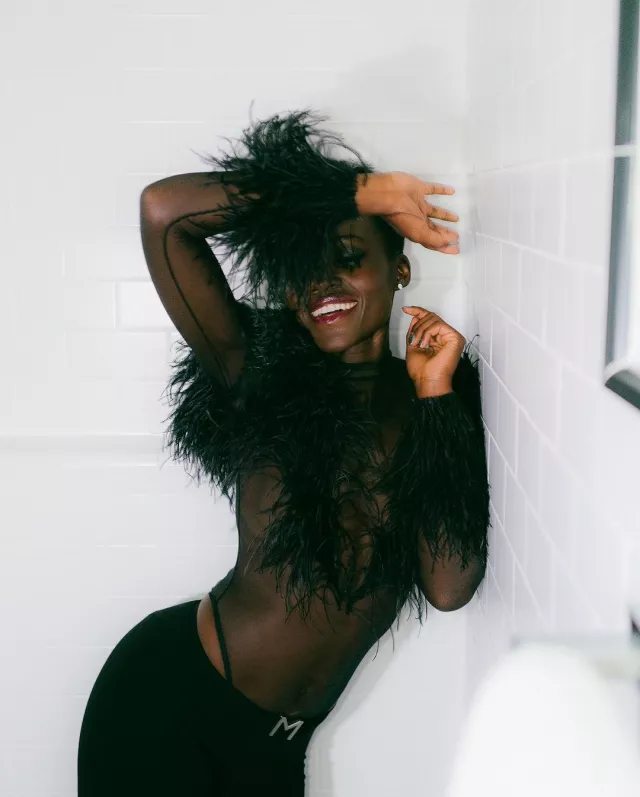 Mugler Black Feather Sheer Bodysuit worn by Lupita Nyong'o Jimmy at Kimmel Live! on June 14, 2024