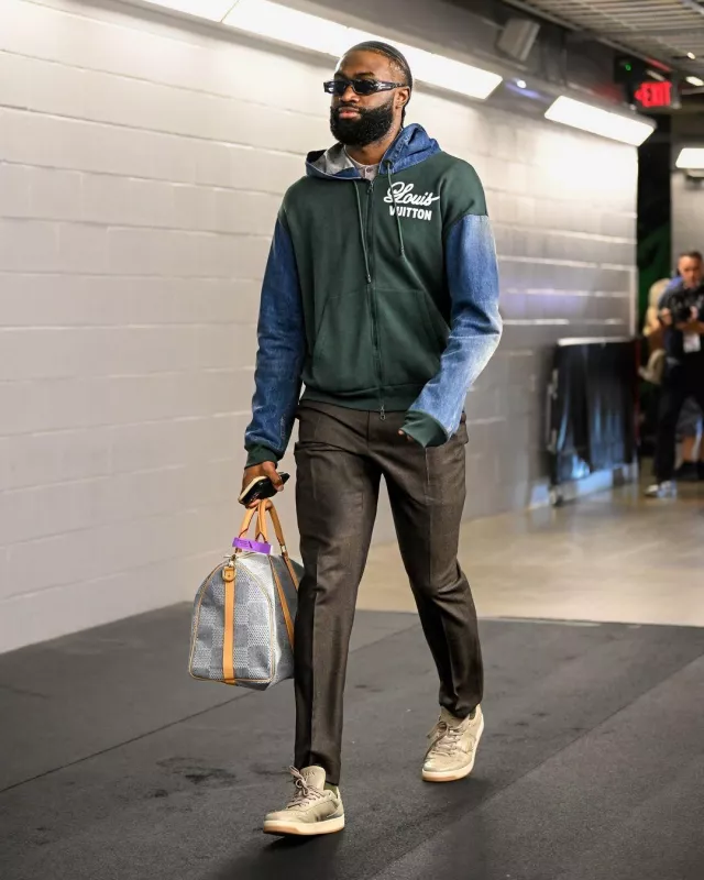 Prada Taupe Grey 'Downtown' Sneakers worn by Jaylen Brown on the Instagram account @celtics