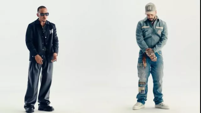 Amiri Black Faux Leather Double Pleat Pants worn by Ozuna in Anuel AA, Ozuna, DJ Luian, Mambo Kingz - Razones (Video Oficial)