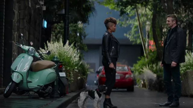 Blacklight Outfits: Mira Jones (Emmy Raver-Lampman) is wearing Biker Leather Jacket in the movie