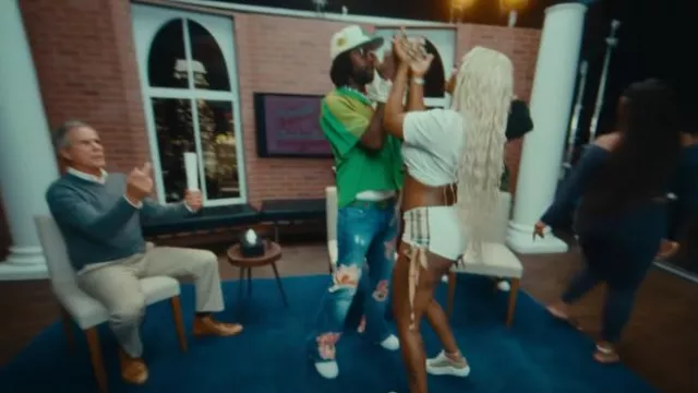 Cout de le Liberte Blue Vintage Flower Patch Flared Jeans worn by Chief Keef in Sexyy Red ft. Chief Keef - Bow Bow Bow (F My Baby Dad) (Official Video)