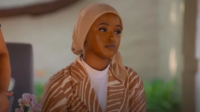 A New Day Single Breasted Linen Blend Blazer Tan Animal Print worn by Muna Abdulahi as seen in The Mole (S02E06)