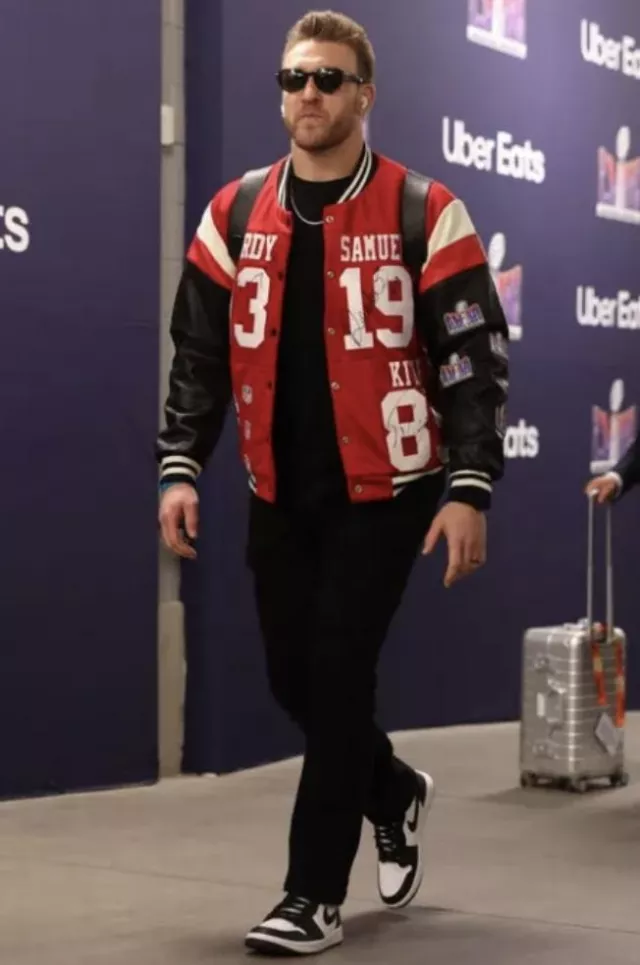 Red Custom jacket worn by Kyle Juszczyk at Allegiant Stadium for 2024 Super Bowl on February 11, 2024 in Las Vegas, Nevada