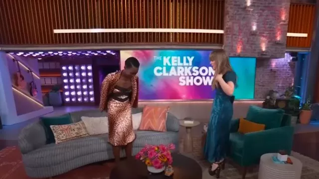 Betsey Johnson Hollywood Midi Dress in Leopard worn by Lupita Nyong'o as seen in The Kelly Clarkson Show on June 26, 2024