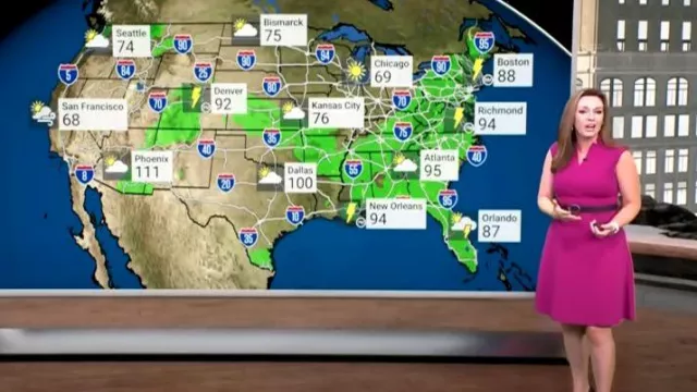 Robe de bureau Allegra K en violet portée par Molly McCollum telle que vue dans CBS Evening News le 1er juillet 2024