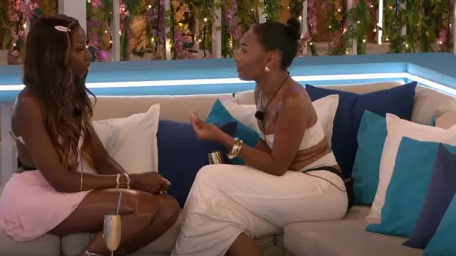 Sylas Ruched Waist Hardware Detail Maxi Skirt in Ivory worn by Jessica Spencer as seen in Love Island (S11E33)