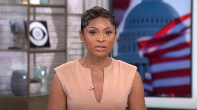 Alieva Lianna Dress in Khaki worn by Jericka Duncan as seen in CBS Mornings on July 3, 2024