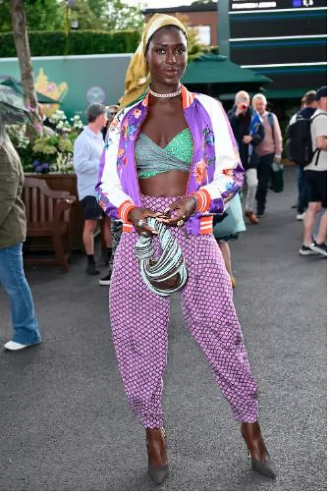 Ralph Lauren Collection Lydiah Embellished Satin Bomber Jacket worn by  Jodie Turner-Smith at Wimbledon on July 8, 2024