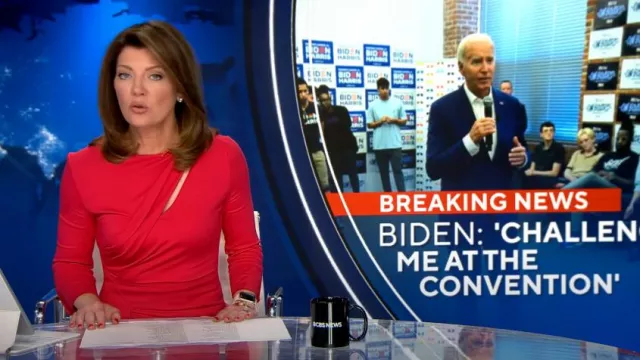 Giorgio Armani Gathered Cut Out Midi-Dress worn by Norah O'Donnell as seen in CBS Evening News on July 8, 2024