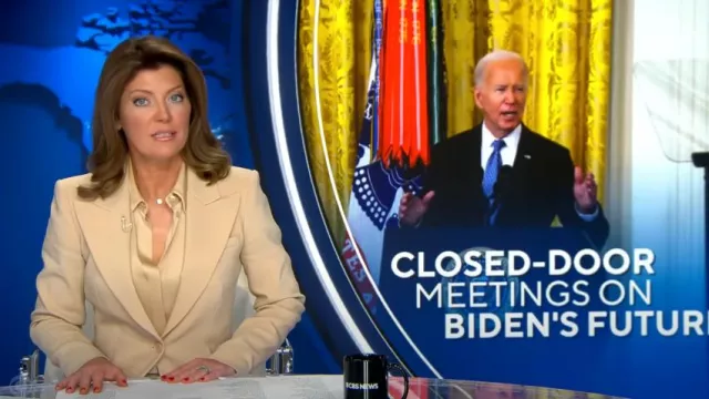 Michael Kors Hansen Camisa con botones en la parte delantera usada por Norah O'Donnell vista en CBS Evening News el 10 de julio de 2024